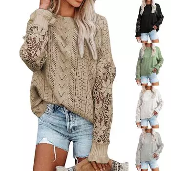 Женские кружевные вязаные крючком ажурные свитера, однотонные пуловеры с круглым вырезом и длинными рукавами, свитера, топы M чёрный