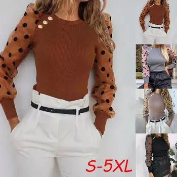 Женские кружевные вязаные свитера с длинными рукавами и круглым вырезом, женские повседневные пуловеры в горошек, джемперы, топы, блузки, большие размеры S-5XL XXXL чёрный