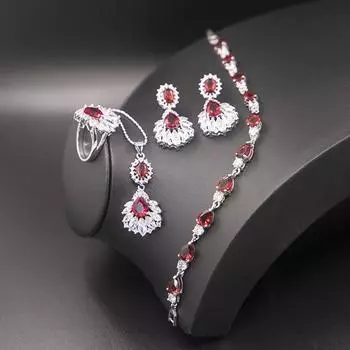 Женские кулоны, ожерелье, серьги, комплект ювелирных изделий, рубиновые женские винтажные украшения с каплями воды, комплект ювелирных изделий size 6 ring красный