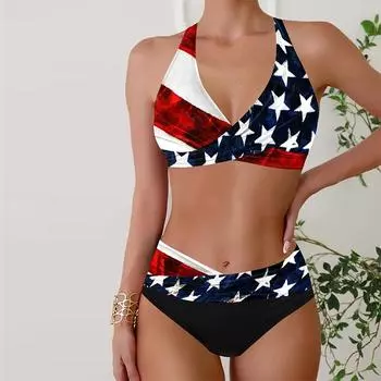 Женские купальники Бикини 2 предмета Купальник с открытой спиной Холтер Пляжная одежда Синий камуфляжный принт со звездами Купальные костюмы Купальник с подвесным вырезом S жёлтый