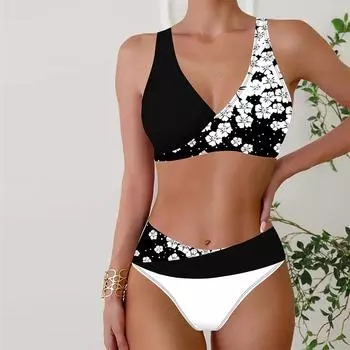 Женские купальники Бикини 2 предмета Купальник с открытой спиной Холтер Пляжная одежда Белый цвет персика Купальники с принтом Купальник с подвесным вырезом S белый
