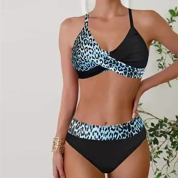 Женские купальники Бикини 2 шт. Купальник с открытой спиной Холтер Пляжная одежда Синий леопардовый принт Купальные костюмы Купальник с подвесным вырезом S цветной печати леопарда