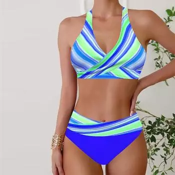 Женские купальники Бикини 2 шт Купальник с открытой спиной Холтер Пляжная одежда Красивые сине-зеленые полоски с принтом Купальные костюмы Купальник с подвесным вырезом S синий