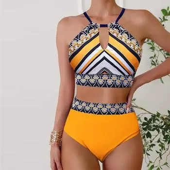 Женские купальники Бикини 2 шт. Купальник с открытой спиной Холтер Пляжная одежда Желтые ромбовидные цветы с принтом Купальные костюмы Купальник с подвесным вырезом S жёлтый