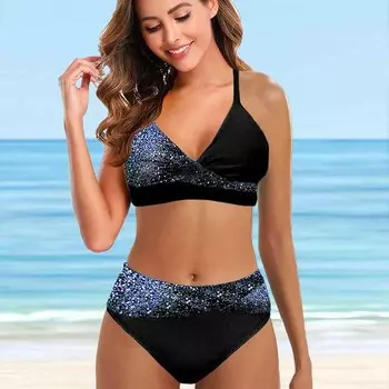 Женские купальники, бикини, комплект из 2 предметов, купальник с открытой спиной, пляжная одежда с лямкой на шее, фиолетовый купальный костюм с блестками и принтом S золотой