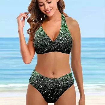 Женские купальники, бикини, комплект из 2 предметов, купальник с открытой спиной и лямкой на шее, пляжная одежда, купальные костюмы с серебряными пайетками и принтом S синий