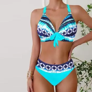 Женские купальники, бикини, комплект из 2 предметов, купальник с открытой спиной и лямкой на шее, пляжная одежда, синий кристалл с цепочкой и принтом, купальные костюмы, купальник с подвесным вырезом S белый