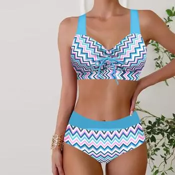 Женские купальники, бикини, комплект из 2 предметов, купальник с открытой спиной, пляжная одежда с лямкой на шее, цветная кривая, с волнистым принтом, купальные костюмы, купальник с подвесным вырезом S розовый