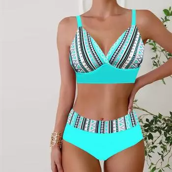 Женские купальники, бикини, комплект из 2 предметов, купальник с открытой спиной и лямкой на бретельках, пляжная одежда, синий купальный костюм с принтом шестерни, купальник с подвесным вырезом S белый