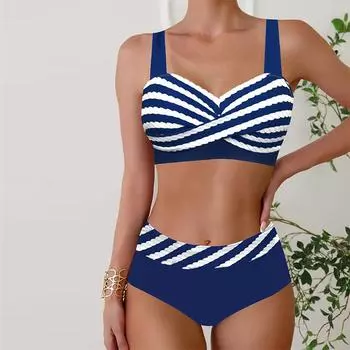 Женские купальники, бикини, комплект из 2 предметов, купальник с открытой спиной, пляжная одежда с лямкой на шее, розовые купальные костюмы в полоску с крестом, купальный костюм с подвесным вырезом S розовый