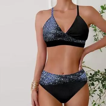 Женские купальники, бикини, комплект из 2 предметов, купальник с открытой спиной и лямкой на шее, пляжная одежда, синий купальный костюм с принтом зыбучих песков, купальник с подвесным вырезом S золотой