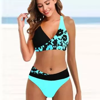 Женские купальники, бикини, купальник из 2 предметов, пляжная одежда с открытой спиной и лямкой на шее, желтые и яркие купальные костюмы с цветочным принтом S синий