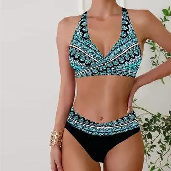 Женские купальники, бикини, купальник из 2 предметов, пляжная одежда с открытой спиной и лямкой на шее, купальный костюм с оранжевым узором и принтом, купальник с подвесным вырезом S оранжевый