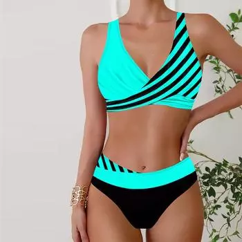 Женские купальники Бикини Купальник из 2 предметов с открытой спиной Холтер Пляжная одежда Синие и черные диагональные полосы с принтом Купальные костюмы Купальник с подвесным вырезом S красный