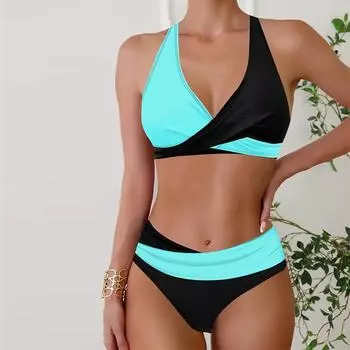 Женские купальники Бикини Купальник из 2 предметов с открытой спиной Холтер Пляжная одежда Синий и черный цвета Купальники с принтом Купальник с подвесным вырезом S белый