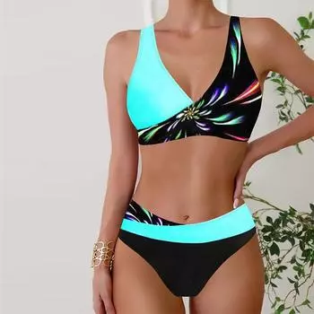 Женские купальники, бикини, купальник из 2 предметов, пляжная одежда с открытой спиной и лямкой на шее, синий купальный костюм с принтом фейерверка, купальник с подвесным вырезом S золотой