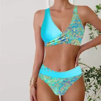 Женские купальники Бикини Купальник из 2 предметов с открытой спиной Холтер Пляжная одежда Синяя рыбья чешуя Купальники с принтом Купальник с подвесным вырезом S белый