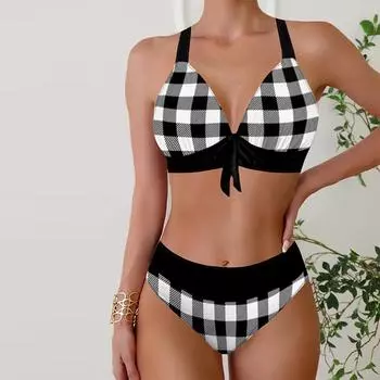 Женские купальники Бикини Купальник из 2 предметов с открытой спиной Холтер Пляжная одежда Белая квадратная сетка с принтом Купальные костюмы Купальник с подвесным вырезом S белый