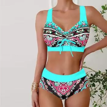 Женские купальники, бикини, купальник из 2 предметов, пляжная одежда с открытой спиной и лямкой на шее, синий купальный костюм с принтом кешью, купальник с подвесным вырезом S розовый