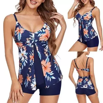 Женские купальники больших размеров, бикини с открытой спиной, сексуальный купальник с разрезом и принтом L тёмно-синий