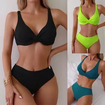 Женские купальники больших размеров L-4XL, бикини с высокой талией, купальник, женские купальники, пляжная одежда из двух частей S чёрный