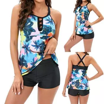 Женские купальники больших размеров с высокой талией, бикини с волнистым пляжным принтом и баской, разделенные купальники L синий