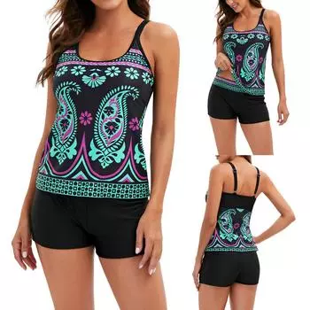 Женские купальники больших размеров с высокой талией, бикини с принтом и баской, разделенные купальники XXL зелёный