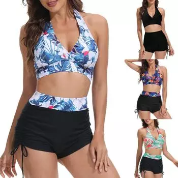 Женские купальники больших размеров с высокой талией, бикини с волнистым принтом и баской, разделенные купальники L синий