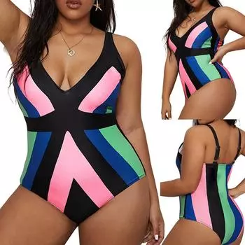 Женские купальники больших размеров с высокой талией, бикини в полоску с принтом и баской, цельный купальник XXL розовый