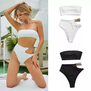 Женские купальники и трусы, комплект с мягкой подкладкой, быстросохнущий бандо, бюстгальтер с цепочкой, полые трусы, купальник, пляжная одежда XL