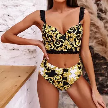 Женские купальники, купальник с разрезом, кружевное бикини S жёлтый