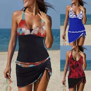 Женские купальники, купальники танкини с юбкой, 2-х предметные купальники, цветные купальные костюмы S чёрный