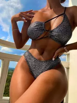 Женские купальники на одно плечо, микробикини, сверкающий комплект бикини, бразильский бикини, женские купальники, летние купальные костюмы, пляжная одежда
