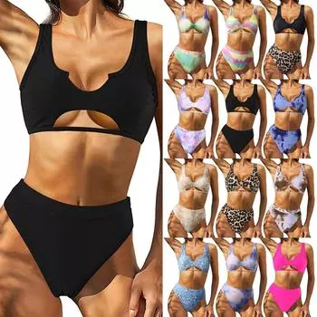 Женские купальники с мягкой подкладкой и принтом пуш-ап, состоящие из 2 предметов, бикини, пляжная одежда M чёрный