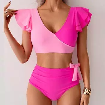 Женские купальники с оборками, женские двухсекционные купальники с глубоким V-образным вырезом и высокой талией S