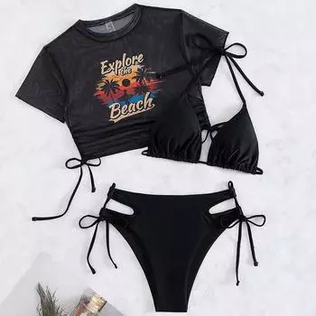 Женские купальники с принтом, сексуальный раздельный бикини, трехсекционный купальник, пляжный купальник, летний новый стиль чёрный