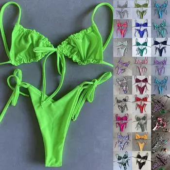 Женские купальники, сплошной цвет, бикини на бретелях, купальник с разрезом, комплект S синий