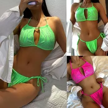 Женские купальники, сплошной цвет, со стразами, с лямкой на шее, сексуальный комплект бикини с завязками по бокам, пляжная одежда, купальные костюмы S зелёный