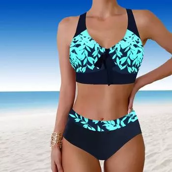 Женские купальники танкини 2-х частей купальник с цветочным принтом края купальные костюмы для отпуска S синий