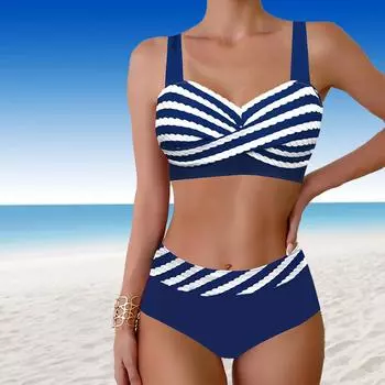 Женские купальники танкини 2-х частей купальник синий полосатый принт линии отпуск купальные костюмы S синий