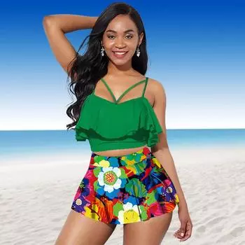 Женские купальники танкини 2-х частей купальник зеленый свежий узор принт отпуск купальные костюмы S жёлтый