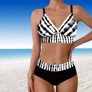 Женские купальники танкини 2-х частей купальник черно-белый нерегулярный полосатый принт купальные костюмы для отпуска S белый