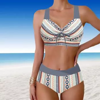 Женские купальники танкини 2-х частей купальник серый полосатый принт отпуск купальные костюмы S циан