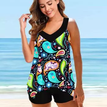 Женские купальники Танкини 2 шт. Купальник Разноцветный принт кешью Отпускные купальные костюмы S белый