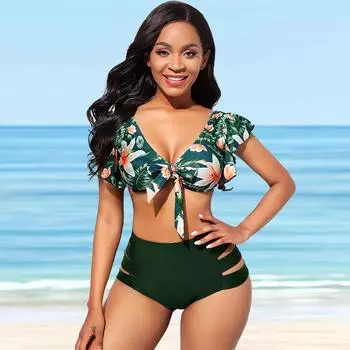 Женские купальники Танкини 2 шт. Купальник с принтом лесных цветов Купальники для отдыха S зелёный