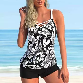 Женские купальники Танкини 2 шт. Купальник Белый мачта с цветочным принтом Отпускные купальные костюмы S белый