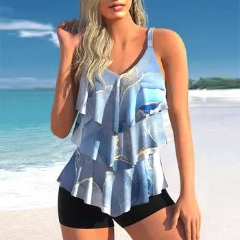 Женские купальники Танкини 2 шт. Купальник Розовый волнистый принт Отпускные купальные костюмы S чёрный