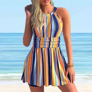 Женские купальники Танкини 2 шт. Купальник в оранжевую полоску с принтом Отпускные купальные костюмы S чёрный