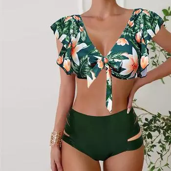 Женские купальники Танкини 2 шт. Купальник с зеленым бантом и цветочным принтом Отпускные купальные костюмы S цветной печати леопарда