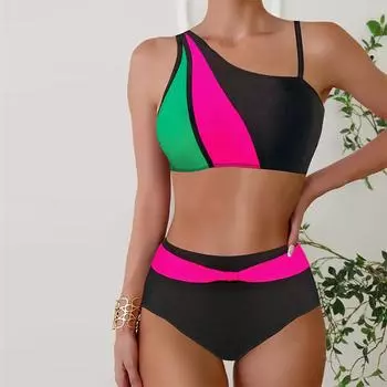 Женские купальники Танкини 2 шт. Купальник Красный Зеленый Изогнутый узор с принтом Отпускные купальные костюмы S чёрный